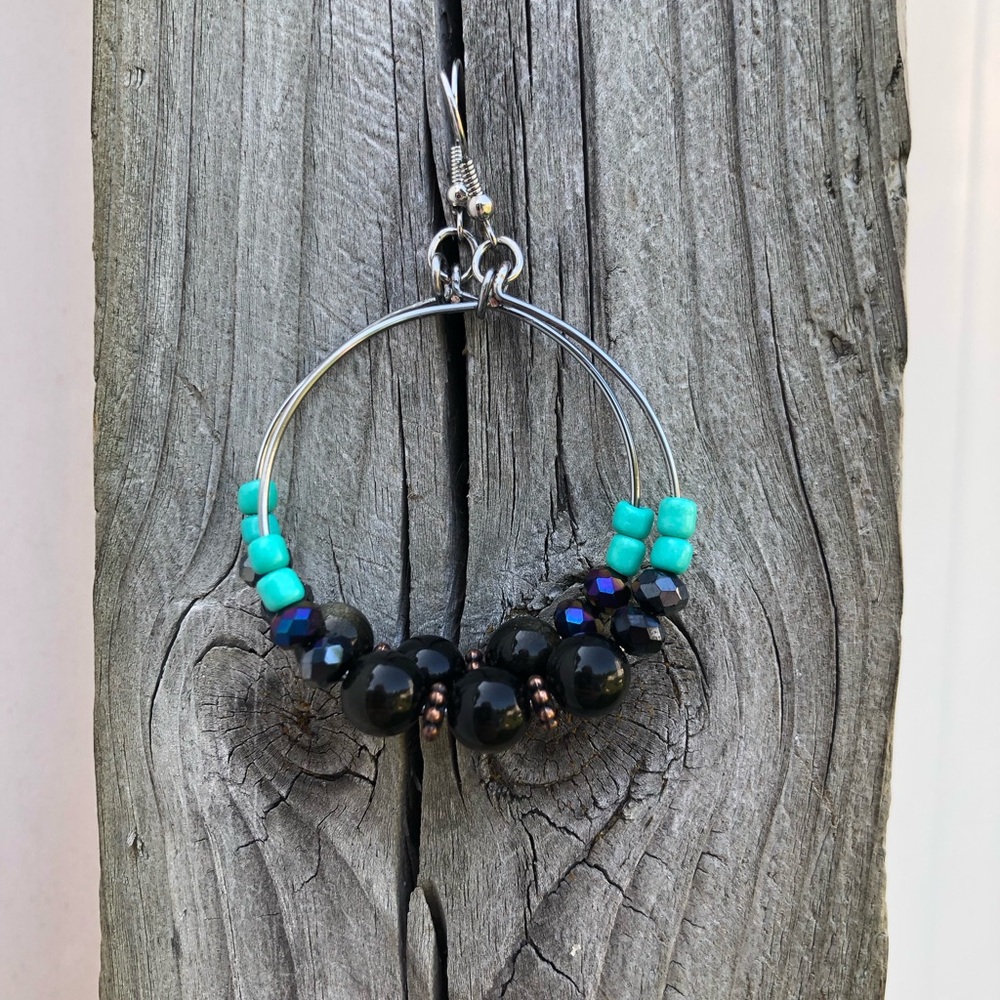 Wire Wrapped Gold Sheen Obsidian Gemstone Hoop Earrings - Picture 10 of 14